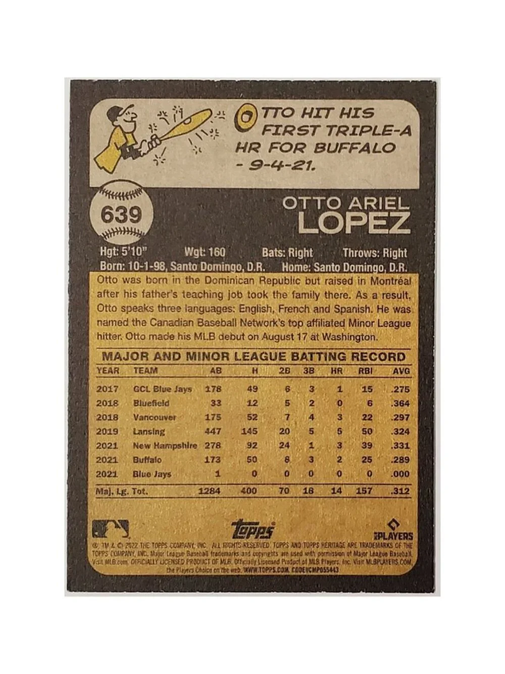 OTTO LOPEZ ROOKIE HIGH NUMBERS 2022 TOPPS HERITAGE #639, BLUE JAYS, MARLINS! - Picture 2 of 3